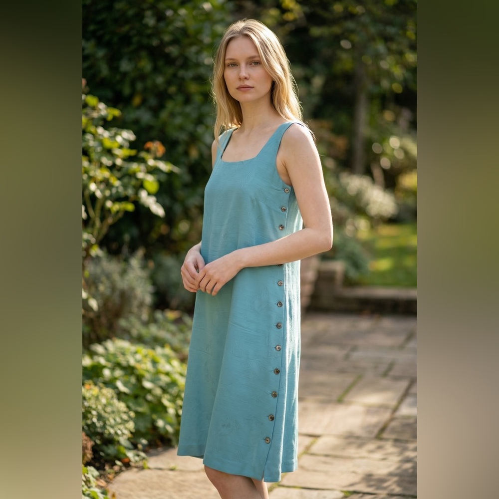 Tommy Bahama Teal Midi Tank Dress with Side Button Detail 100% silk